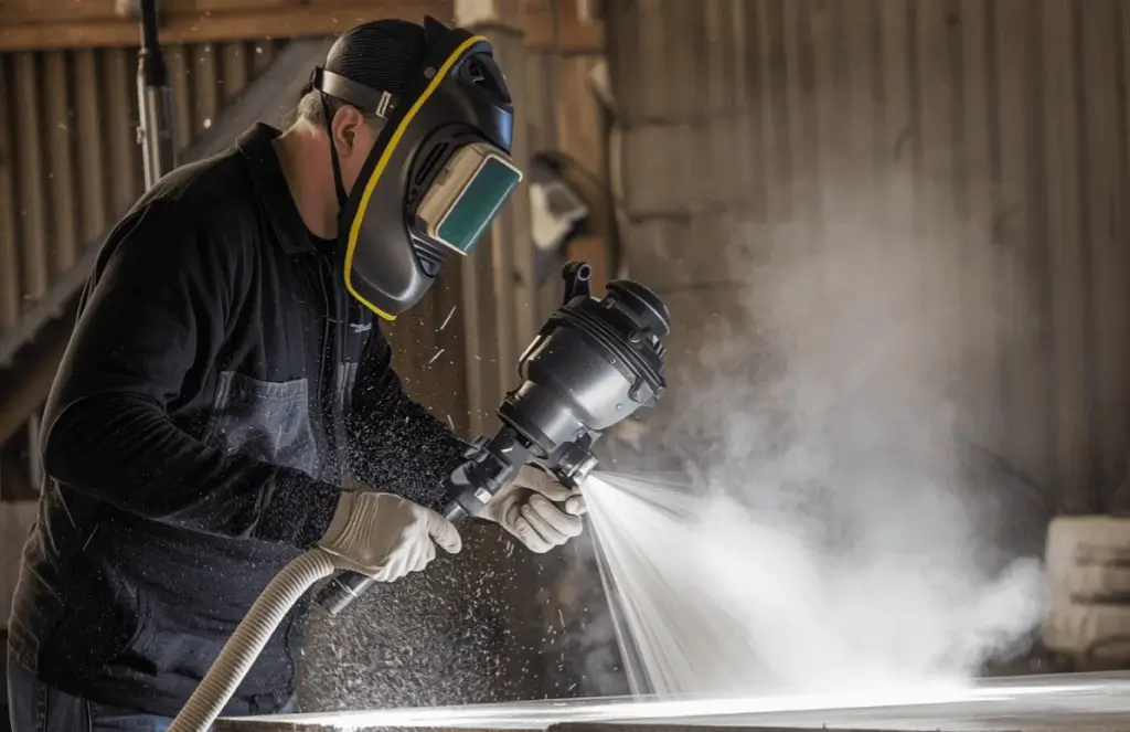 Technicien réalisant un sablage à Châteauguay afin de nettoyer, décaper et préparer une pièce métallique avant peinture ou traitement industriel.
