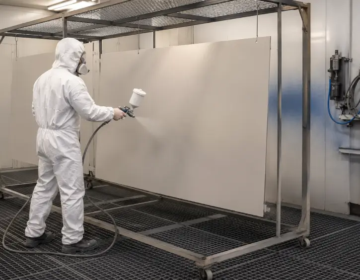 Technicien appliquant une peinture en poudre sur une grande pièce métallique en cabine industrielle