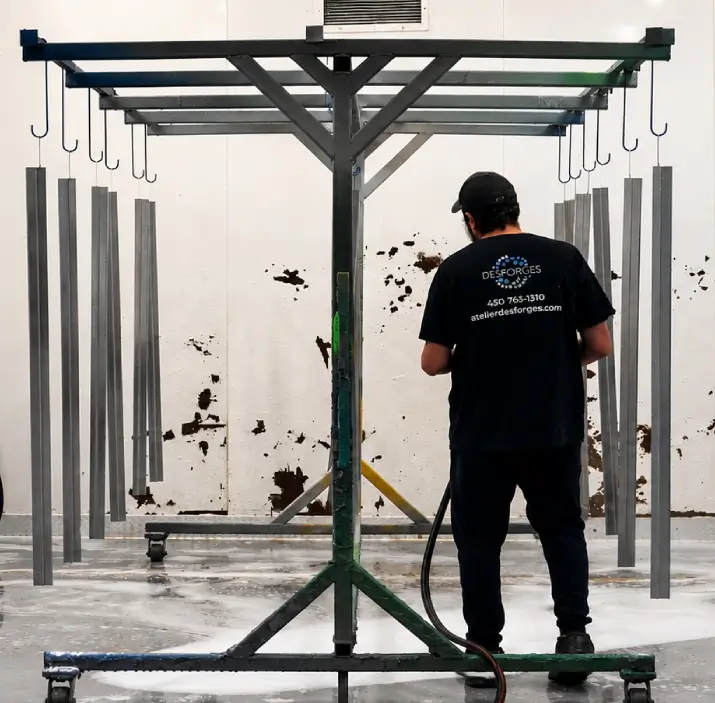 Technicien d’Atelier Desforges appliquant une peinture électrostatique sur des pièces métalliques suspendues