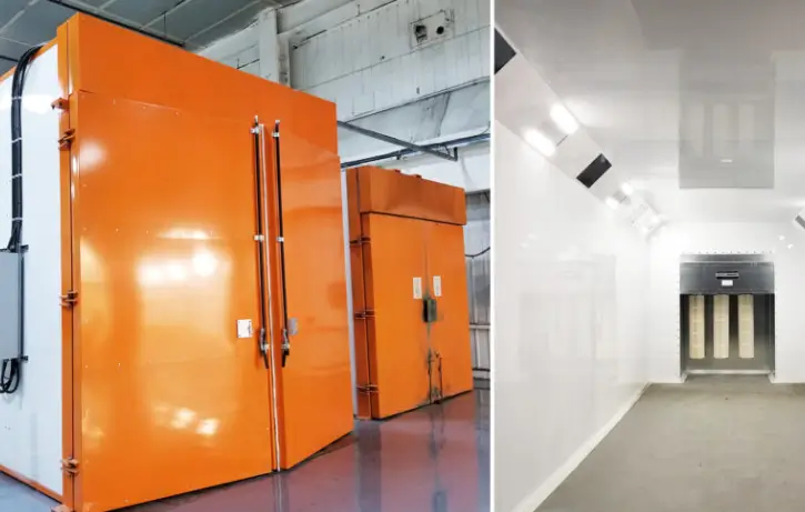 Vue extérieure et intérieure d’un four de peinture électrostatique pour pièces jusqu’à 35 pieds
